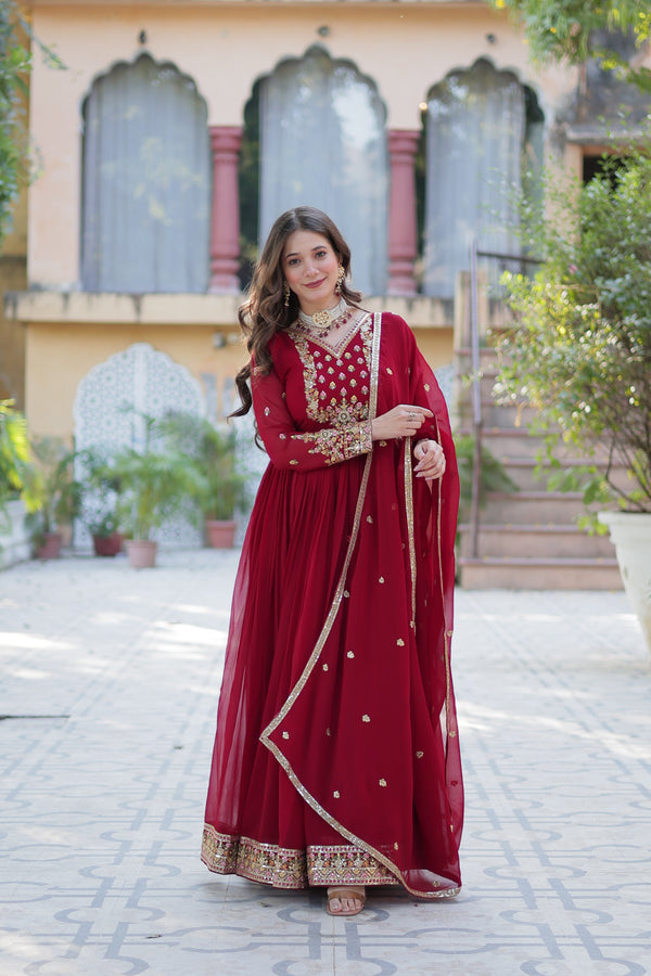 Jyoti Fashion Women's Maroon Faux Georgette Rich Sequins Embroidered Anarkali Set with Dupatta - Distacart