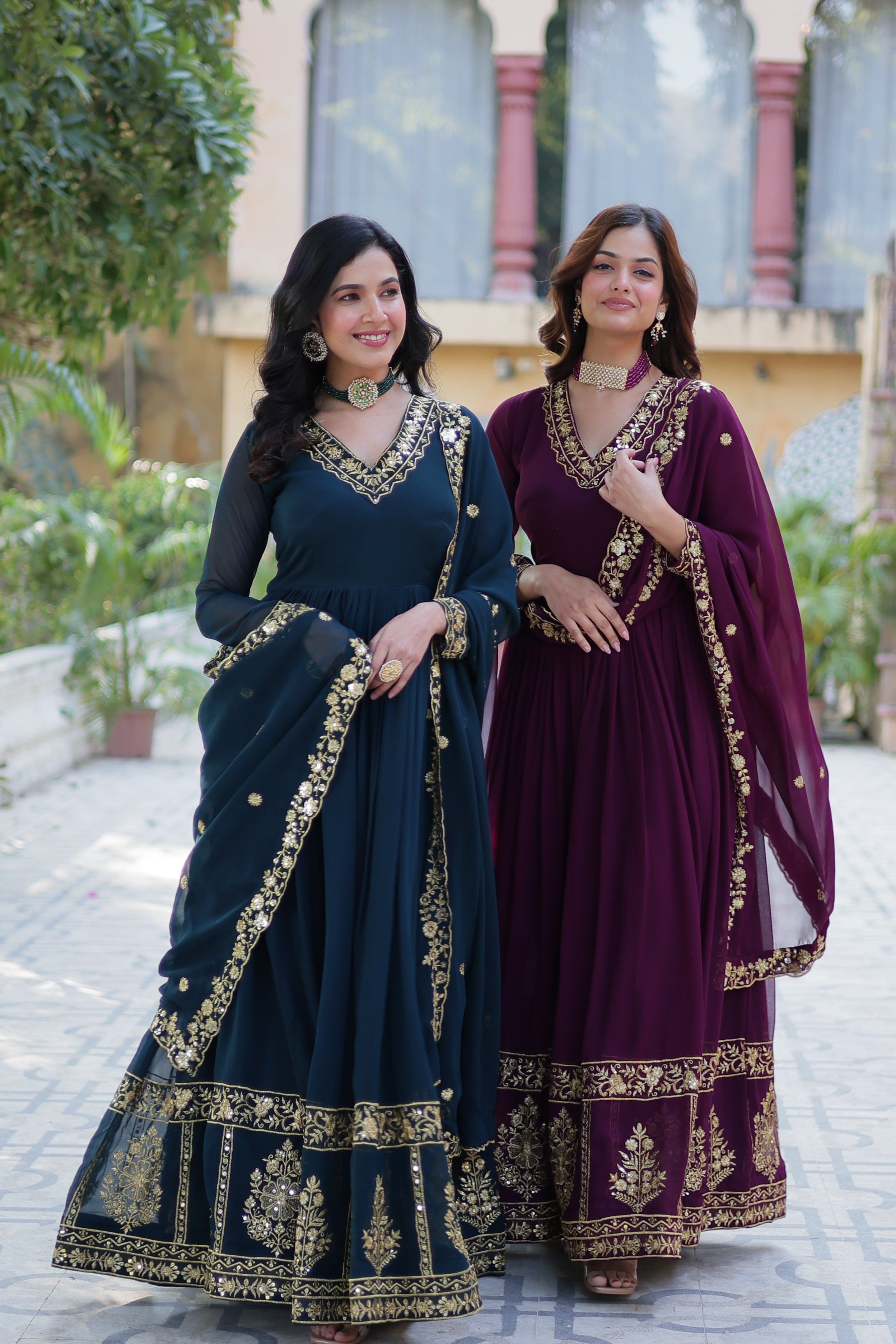 Jyoti Fashion Women's Rama & Wine Faux Georgette Zari Thread & Sequins Embroidered Combo Anarkali Set with Dupatta - Distacart