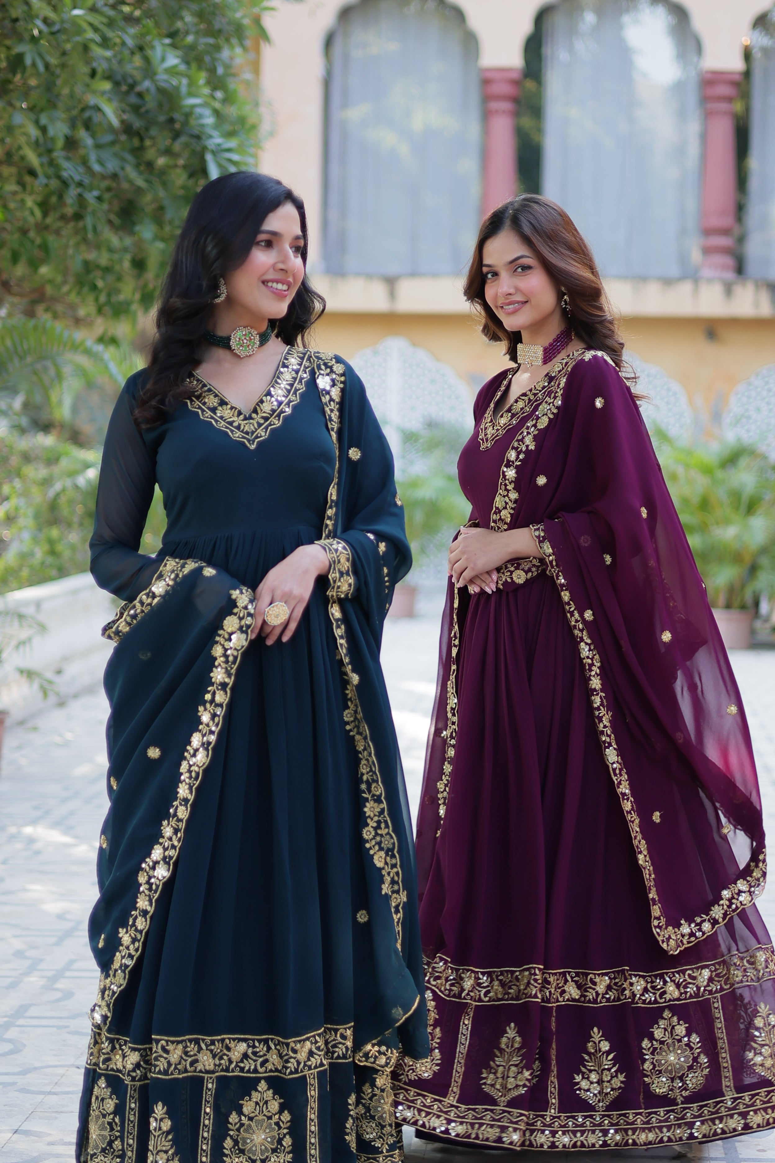 Jyoti Fashion Women's Rama & Wine Faux Georgette Zari Thread & Sequins Embroidered Combo Anarkali Set with Dupatta - Distacart
