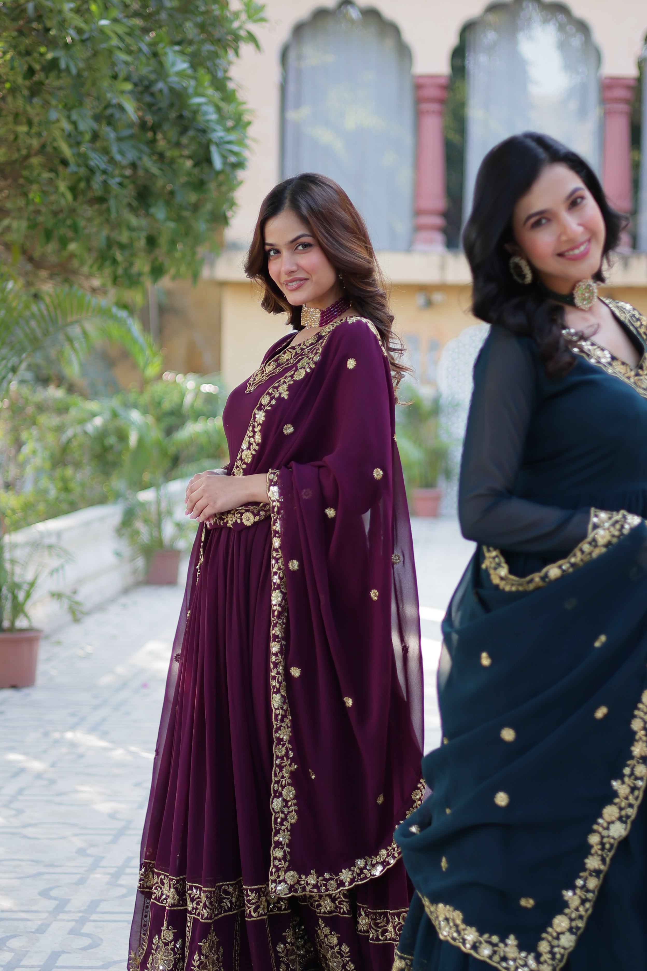 Jyoti Fashion Women's Rama & Wine Faux Georgette Zari Thread & Sequins Embroidered Combo Anarkali Set with Dupatta - Distacart