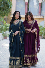 Thumbnail for Jyoti Fashion Women's Rama & Wine Faux Georgette Zari Thread & Sequins Embroidered Combo Anarkali Set with Dupatta - Distacart