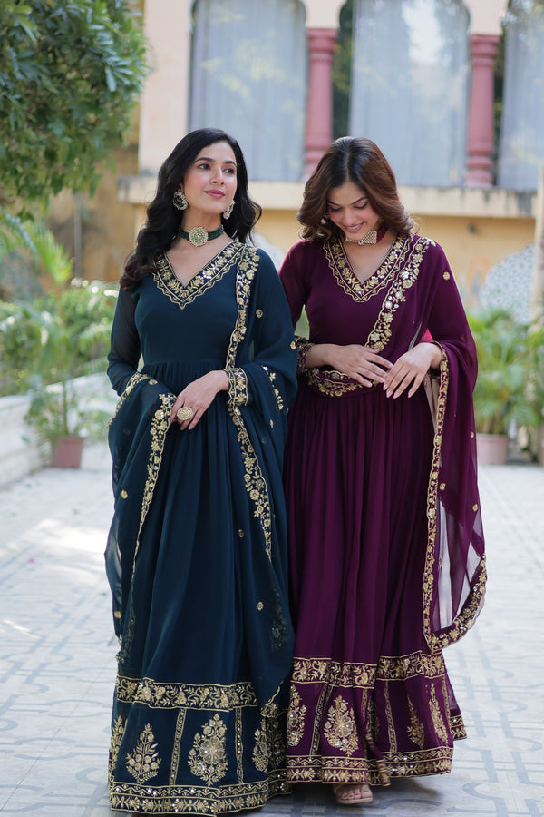 Jyoti Fashion Women's Rama & Wine Faux Georgette Zari Thread & Sequins Embroidered Combo Anarkali Set with Dupatta - Distacart