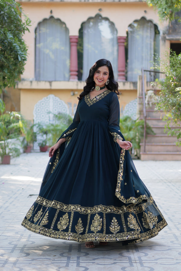 Jyoti Fashion Women's Rama Faux Georgette Zari Thread & Sequins Embroidered Anarkali Set with Dupatta - Distacart