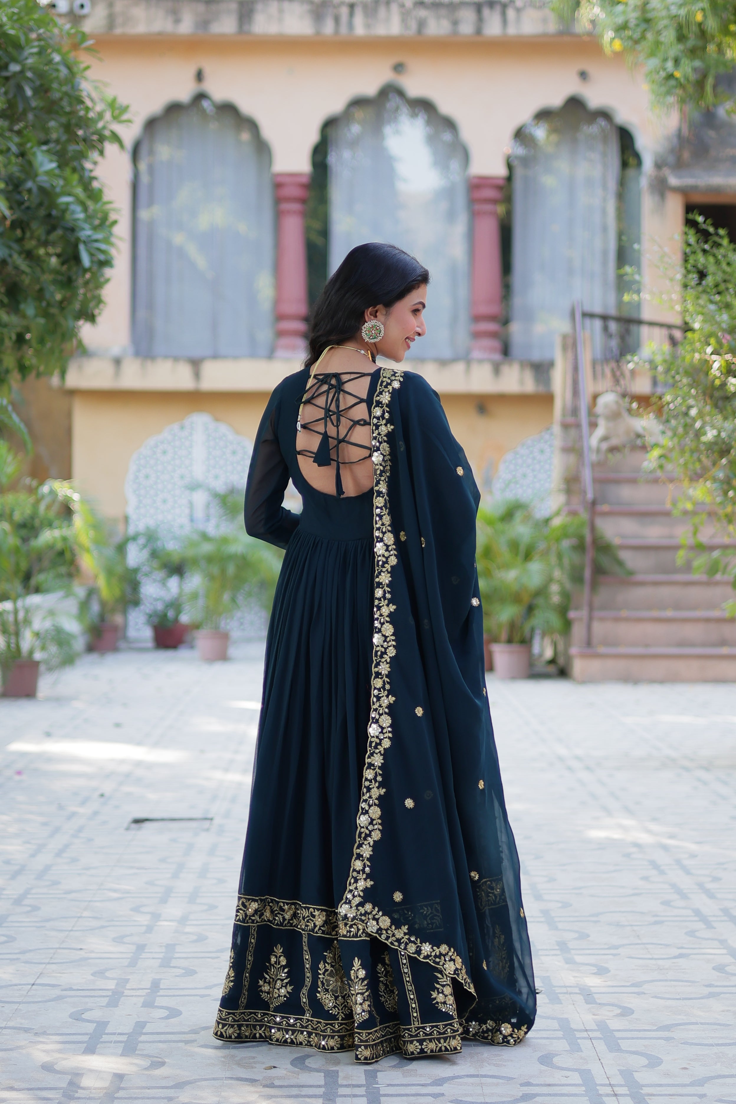Jyoti Fashion Women's Rama Faux Georgette Zari Thread & Sequins Embroidered Anarkali Set with Dupatta - Distacart