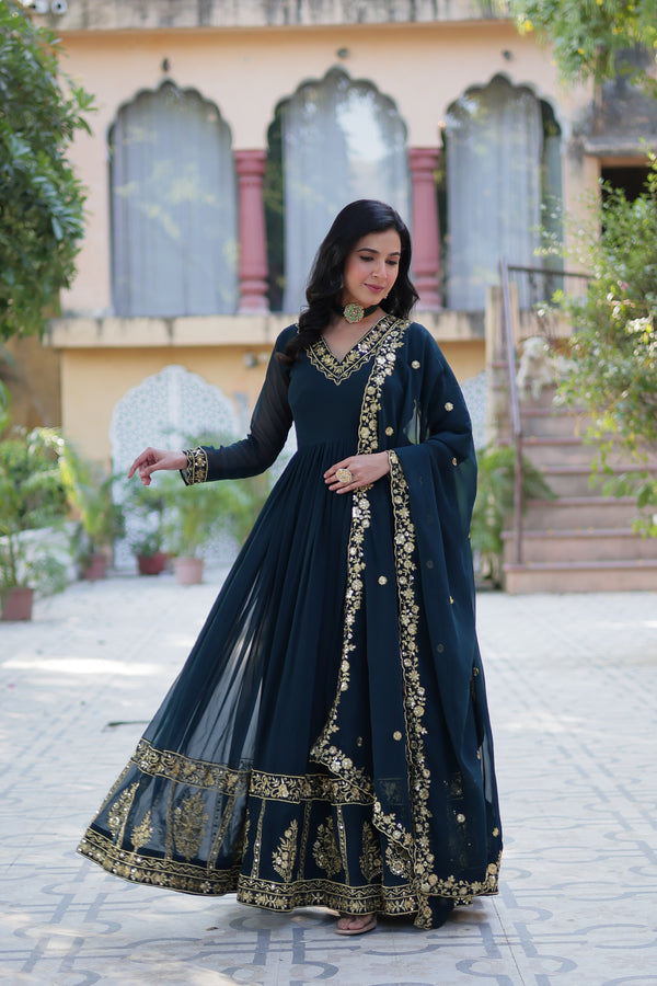 Jyoti Fashion Women's Rama Faux Georgette Zari Thread & Sequins Embroidered Anarkali Set with Dupatta - Distacart