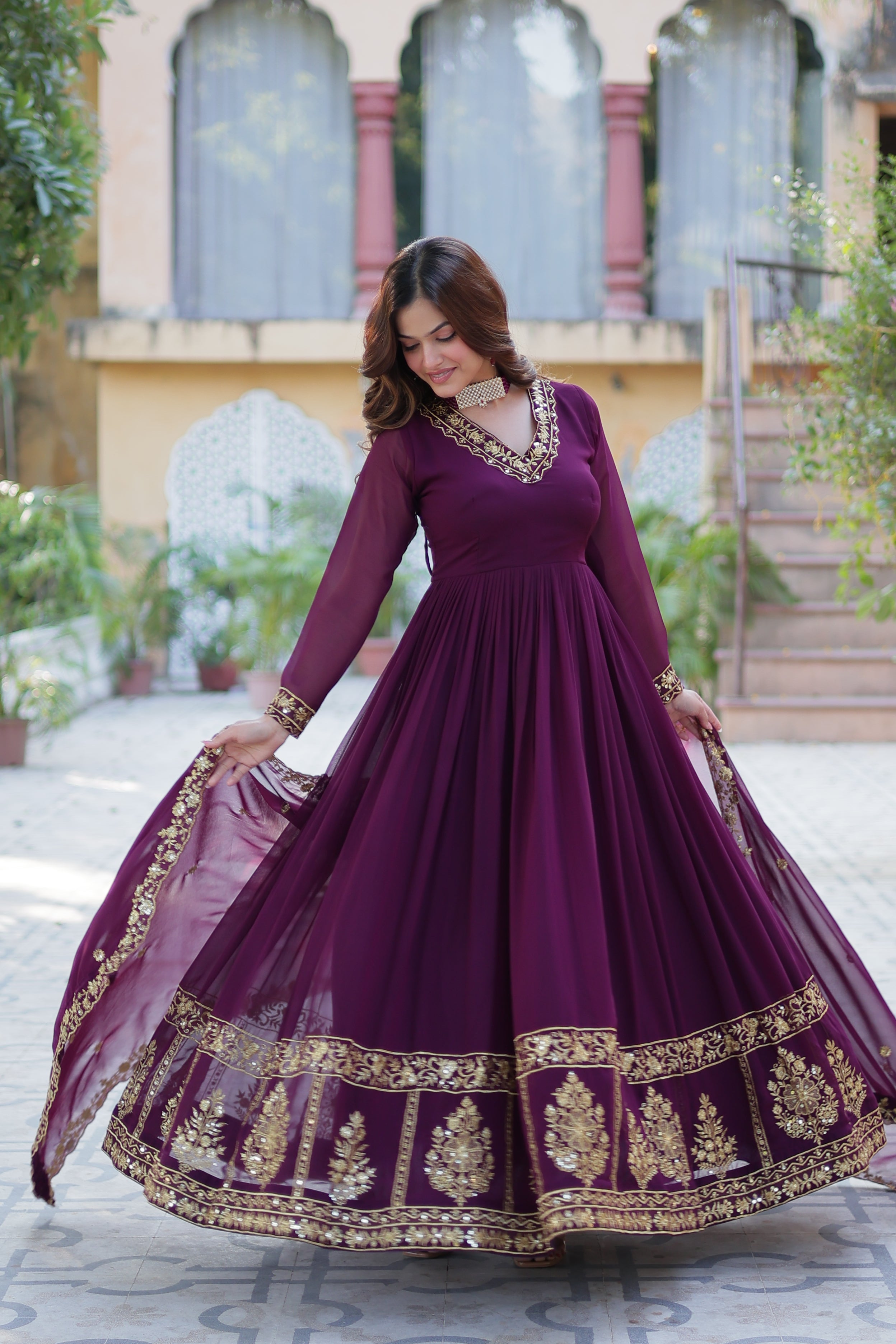 Jyoti Fashion Women's Wine Faux Georgette Zari Thread & Sequins Embroidered Anarkali Set with Dupatta - Distacart