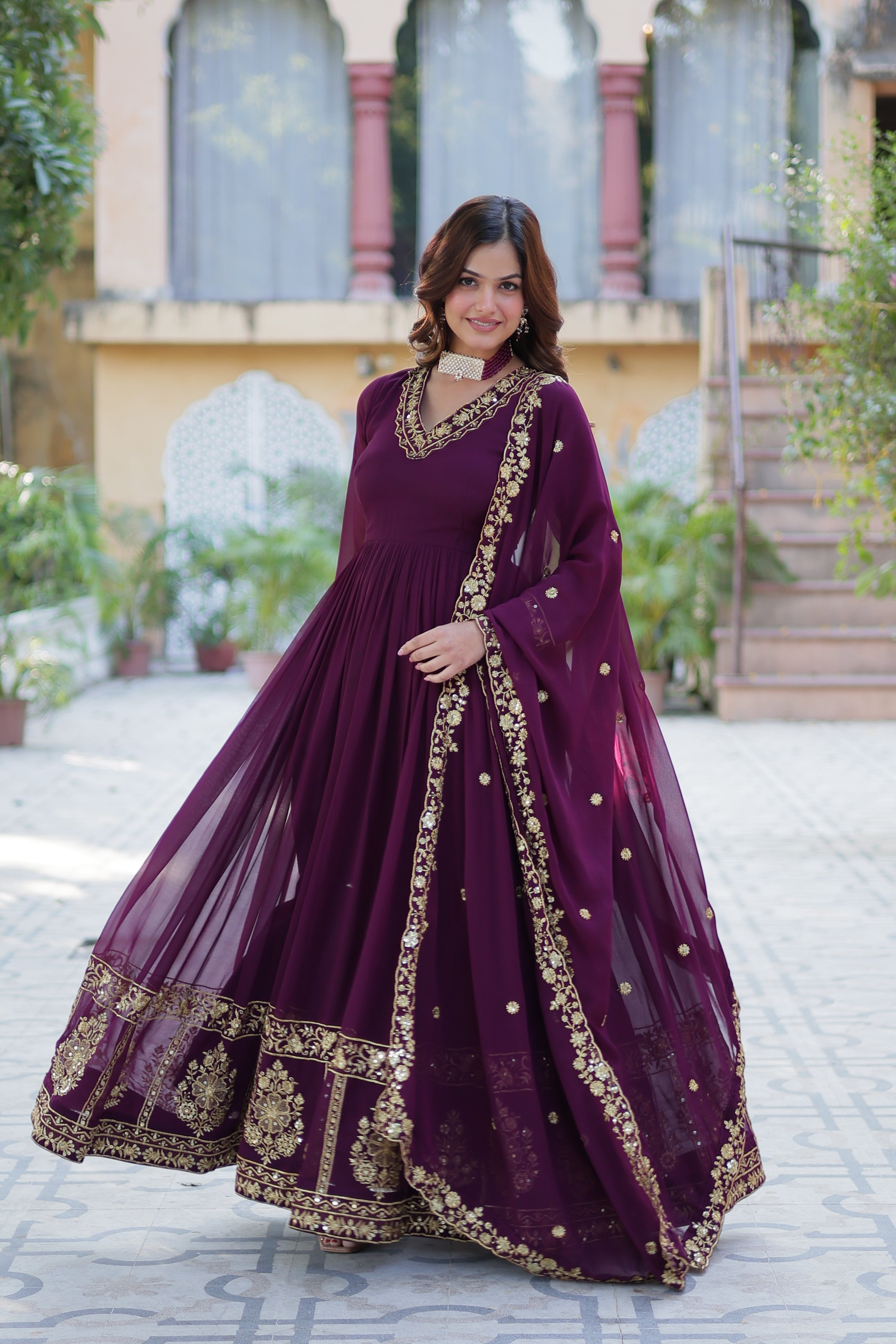 Jyoti Fashion Women's Wine Faux Georgette Zari Thread & Sequins Embroidered Anarkali Set with Dupatta - Distacart