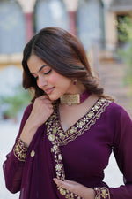Thumbnail for Jyoti Fashion Women's Wine Faux Georgette Zari Thread & Sequins Embroidered Anarkali Set with Dupatta - Distacart