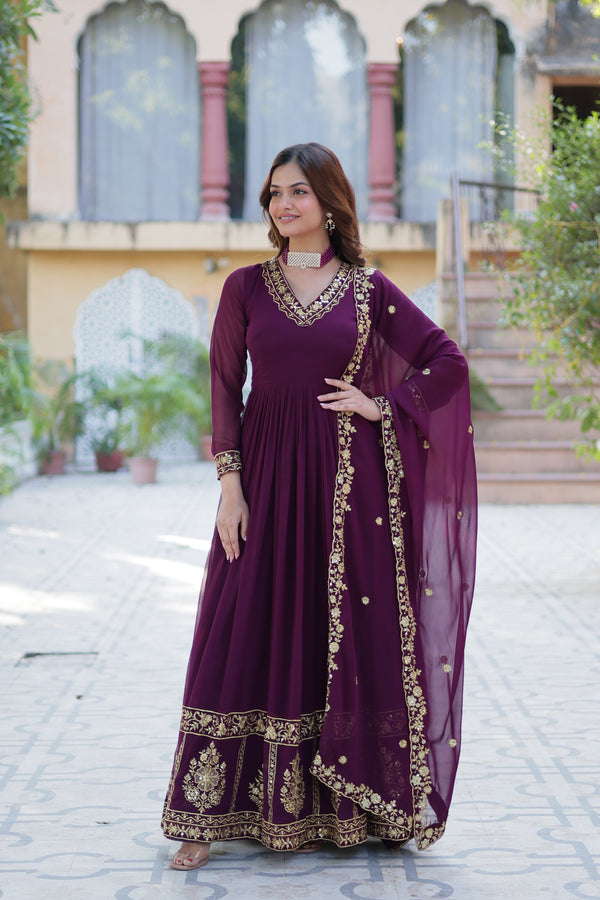 Jyoti Fashion Women's Wine Faux Georgette Zari Thread & Sequins Embroidered Anarkali Set with Dupatta - Distacart