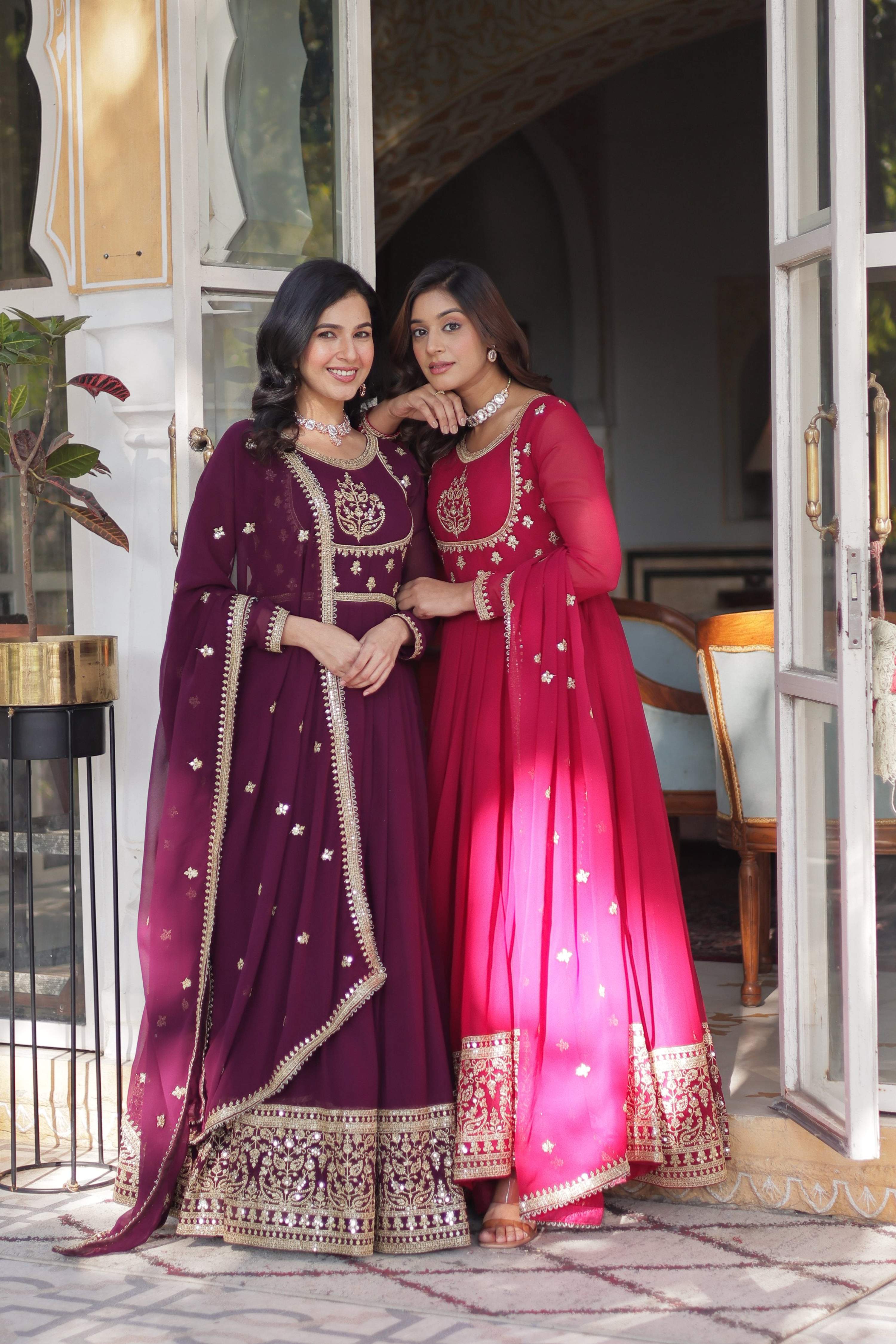 Jyoti Fashion Women's Wine & Pink Faux Georgette Rich Sequins Embroidered Combo Anarkali Set with Dupatta - Distacart