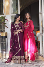 Thumbnail for Jyoti Fashion Women's Wine & Pink Faux Georgette Rich Sequins Embroidered Combo Anarkali Set with Dupatta - Distacart