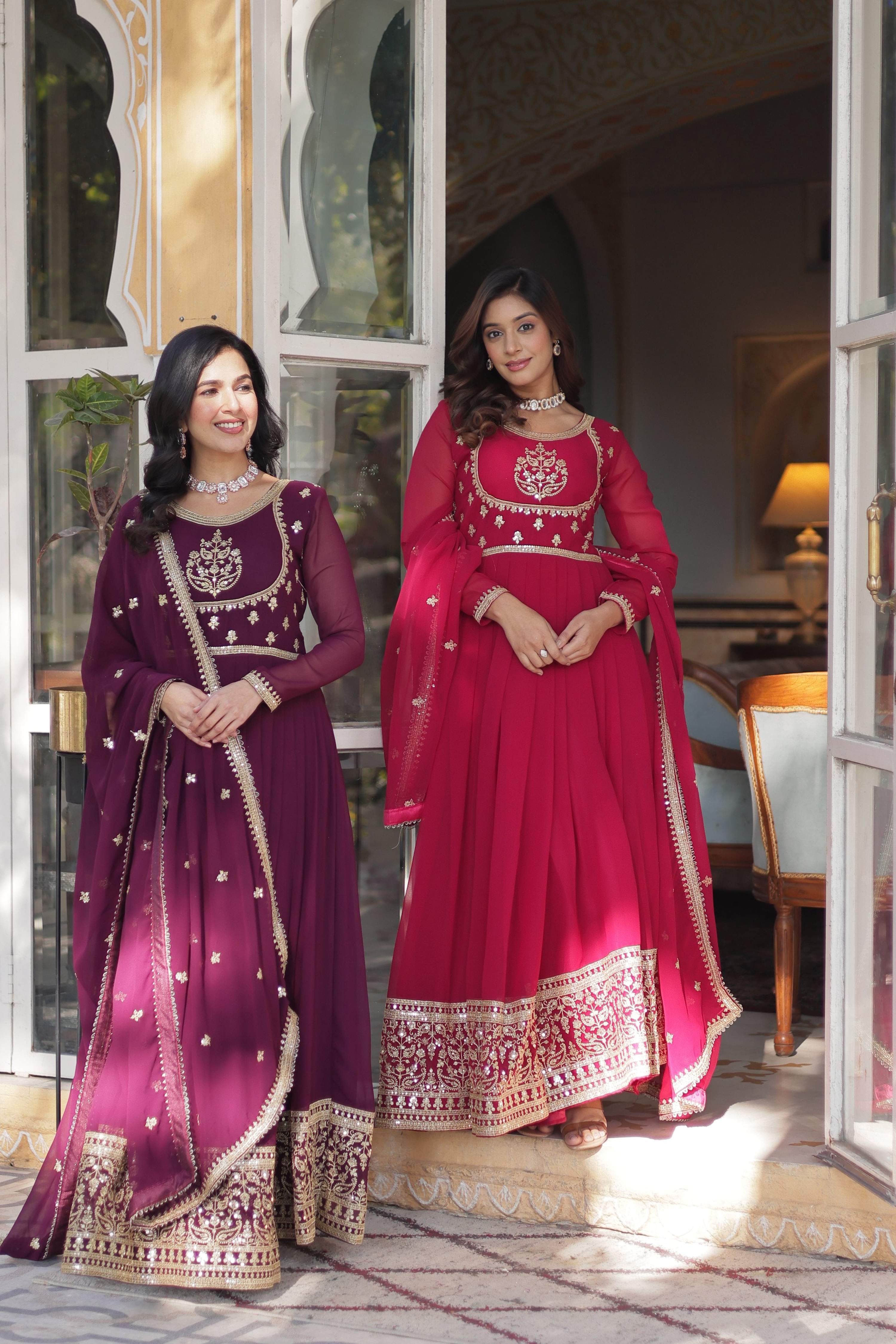 Jyoti Fashion Women's Wine & Pink Faux Georgette Rich Sequins Embroidered Combo Anarkali Set with Dupatta - Distacart