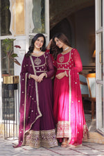 Thumbnail for Jyoti Fashion Women's Wine & Pink Faux Georgette Rich Sequins Embroidered Combo Anarkali Set with Dupatta - Distacart