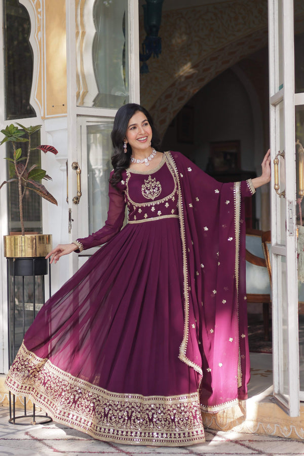 Jyoti Fashion Women's Wine Faux Georgette Rich Sequins Embroidered Anarkali Set with Dupatta - Distacart