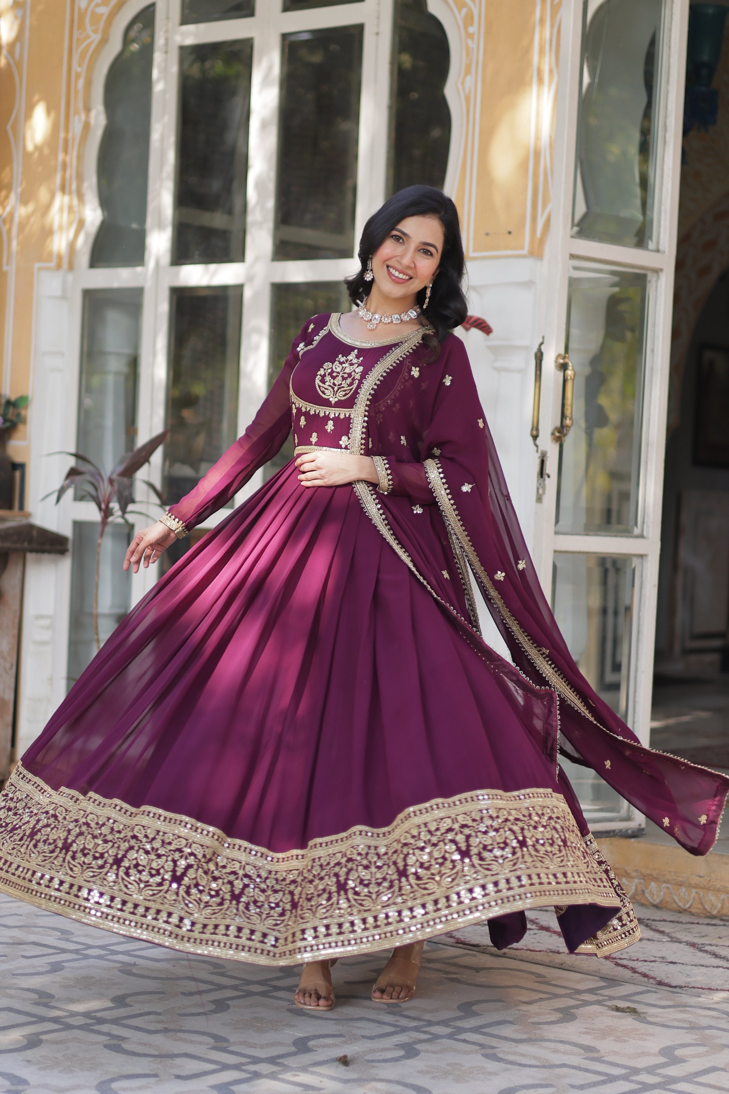 Jyoti Fashion Women's Wine Faux Georgette Rich Sequins Embroidered Anarkali Set with Dupatta - Distacart