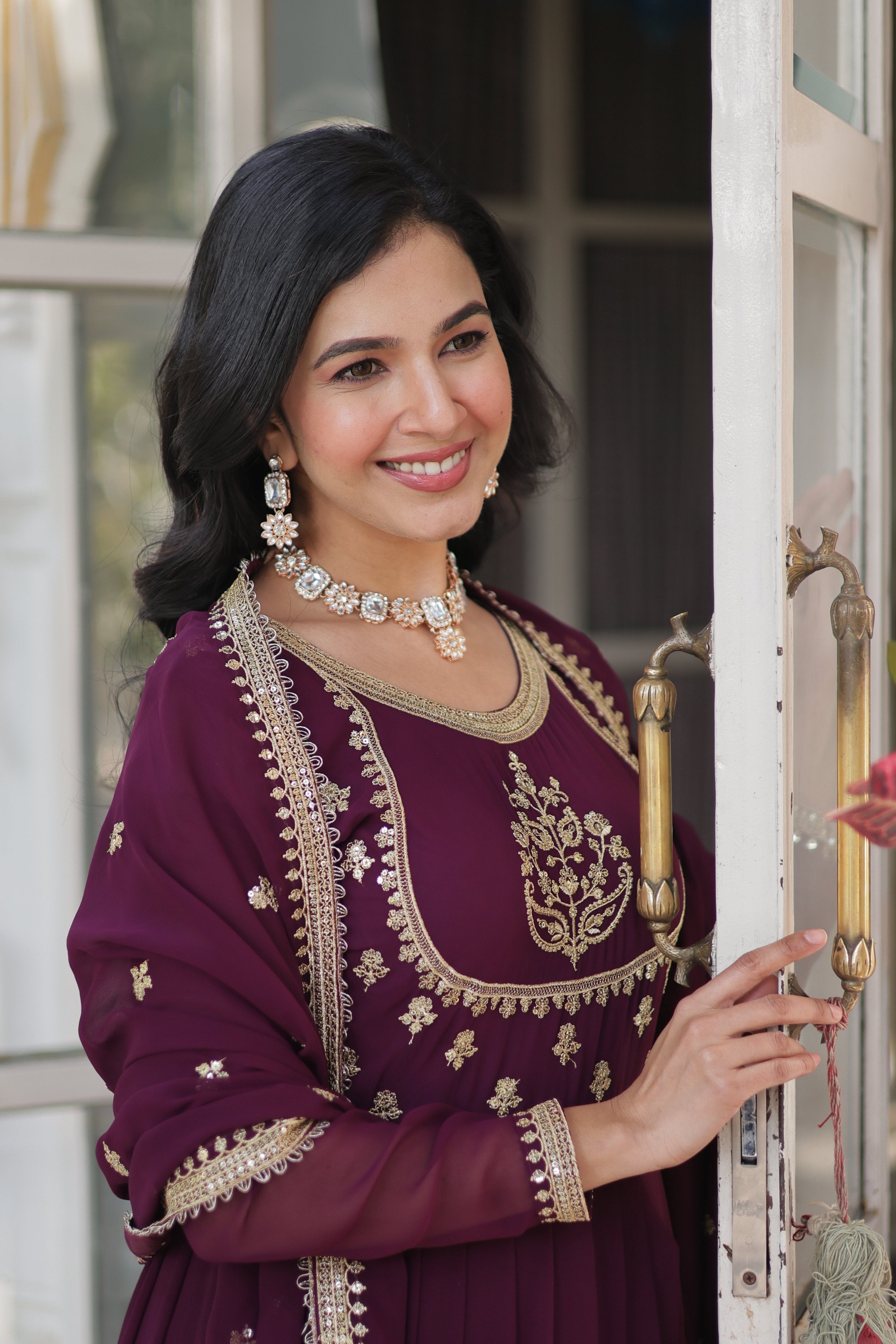 Jyoti Fashion Women's Wine Faux Georgette Rich Sequins Embroidered Anarkali Set with Dupatta - Distacart