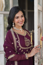 Thumbnail for Jyoti Fashion Women's Wine Faux Georgette Rich Sequins Embroidered Anarkali Set with Dupatta - Distacart