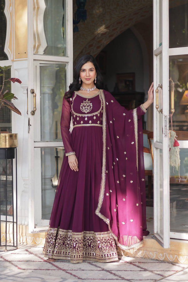 Jyoti Fashion Women's Wine Faux Georgette Rich Sequins Embroidered Anarkali Set with Dupatta - Distacart