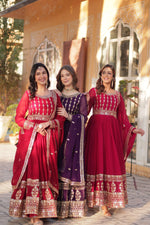 Thumbnail for Jyoti Fashion Women's Maroon, Purple & Pink Faux Blooming Sequins Zari Embroidered Anarkali Set with Dupatta - Distacart
