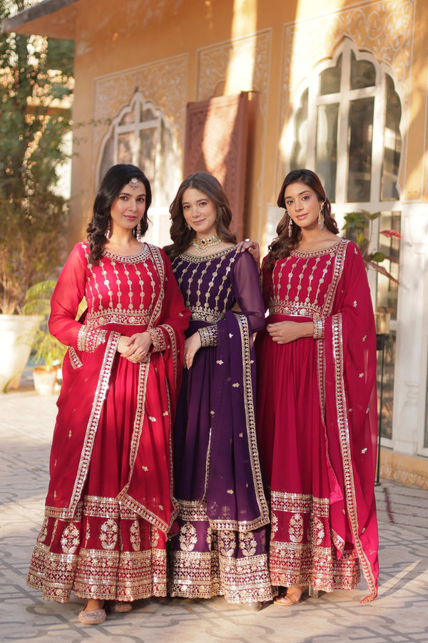 Jyoti Fashion Women's Maroon, Purple & Pink Faux Blooming Sequins Zari Embroidered Anarkali Set with Dupatta - Distacart