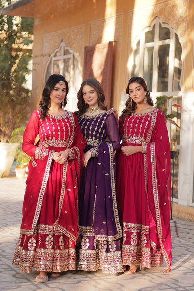 Jyoti Fashion Women's Maroon, Purple & Pink Faux Blooming Sequins Zari Embroidered Anarkali Set with Dupatta - Distacart