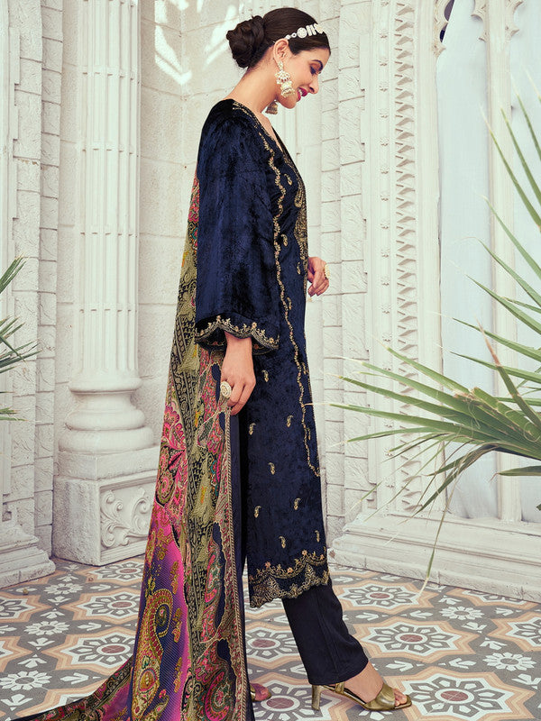 Jyoti Fashion Women's Navy Blue Velvet Cording with Digital Printed Kurta with Trouser & Dupatta - Distacart