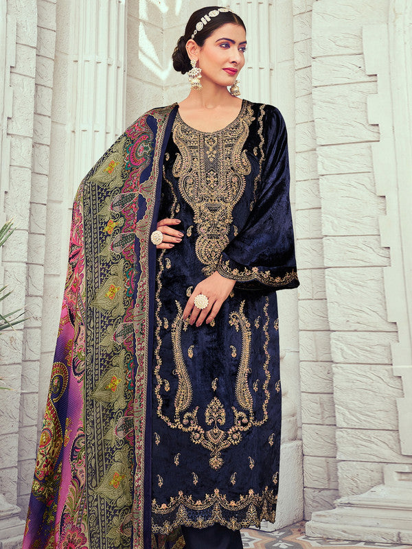 Jyoti Fashion Women's Navy Blue Velvet Cording with Digital Printed Kurta with Trouser & Dupatta - Distacart