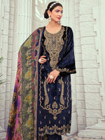 Thumbnail for Jyoti Fashion Women's Navy Blue Velvet Cording with Digital Printed Kurta with Trouser & Dupatta - Distacart