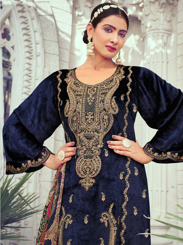 Jyoti Fashion Women's Navy Blue Velvet Cording with Digital Printed Kurta with Trouser & Dupatta - Distacart