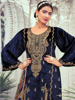 Thumbnail for Jyoti Fashion Women's Navy Blue Velvet Cording with Digital Printed Kurta with Trouser & Dupatta - Distacart