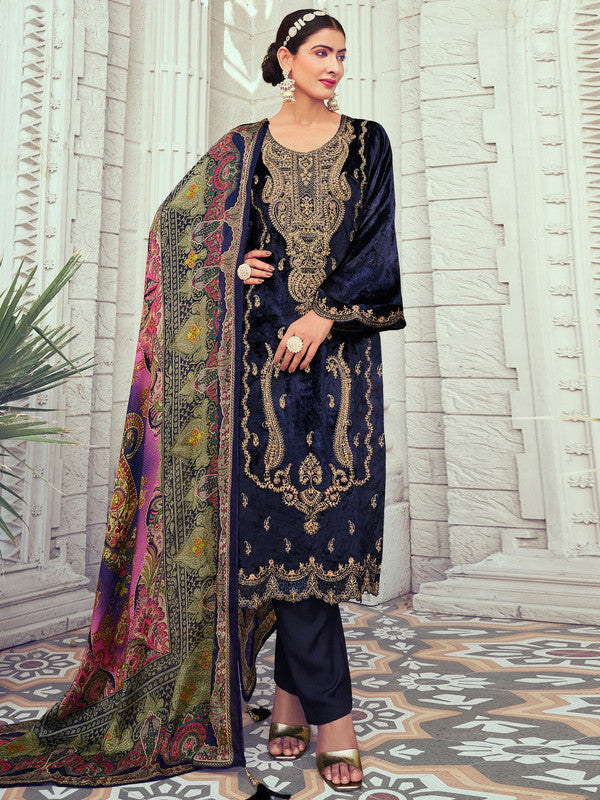 Jyoti Fashion Women's Navy Blue Velvet Cording with Digital Printed Kurta with Trouser & Dupatta - Distacart