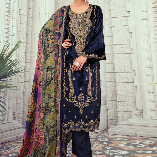 Jyoti Fashion Women's Navy Blue Velvet Cording with Digital Printed Kurta with Trouser & Dupatta - Distacart