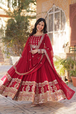 Thumbnail for Jyoti Fashion Women's Maroon Faux Blooming Sequins Zari Embroidered Anarkali Set with Dupatta - Distacart