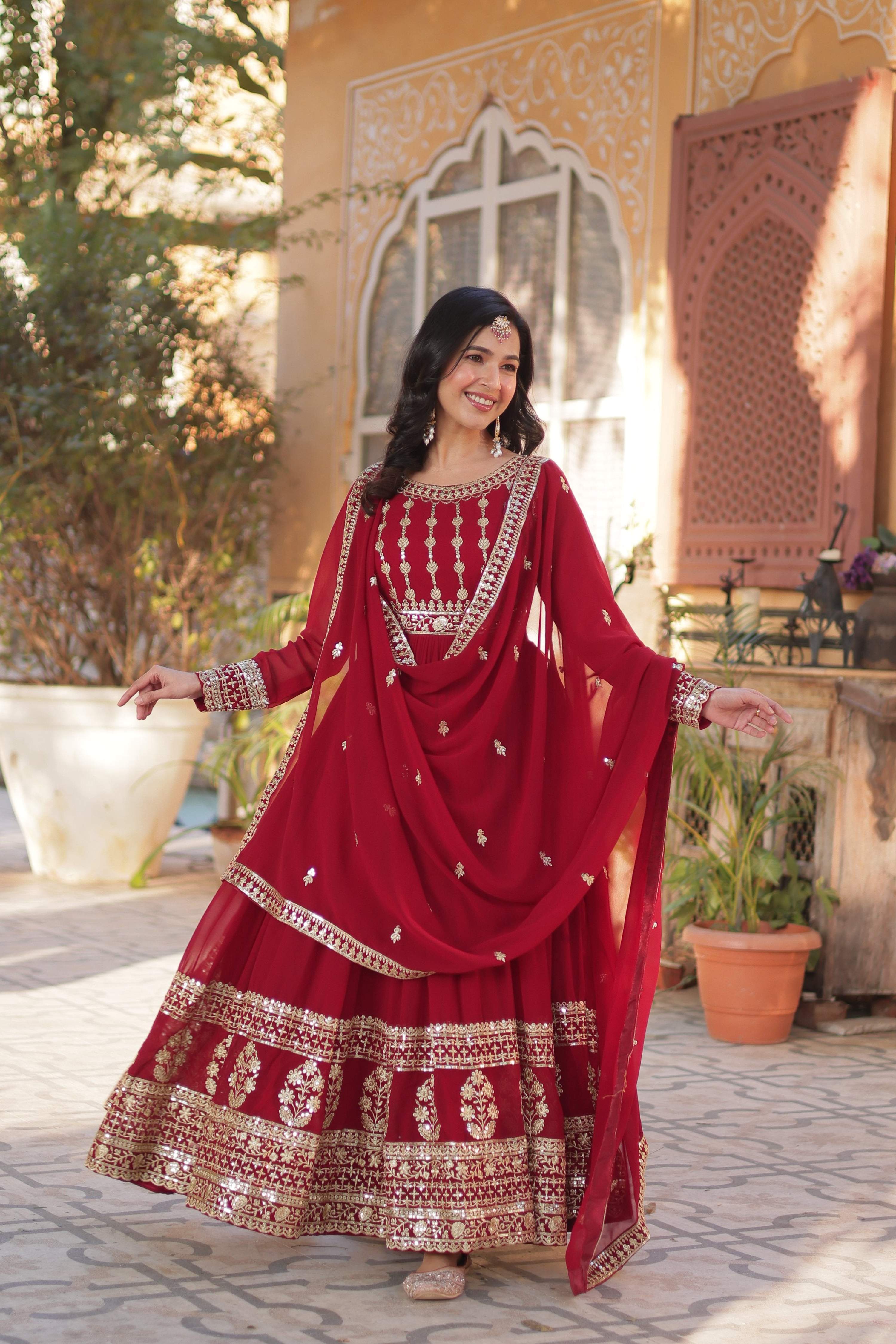 Jyoti Fashion Women's Maroon Faux Blooming Sequins Zari Embroidered Anarkali Set with Dupatta - Distacart