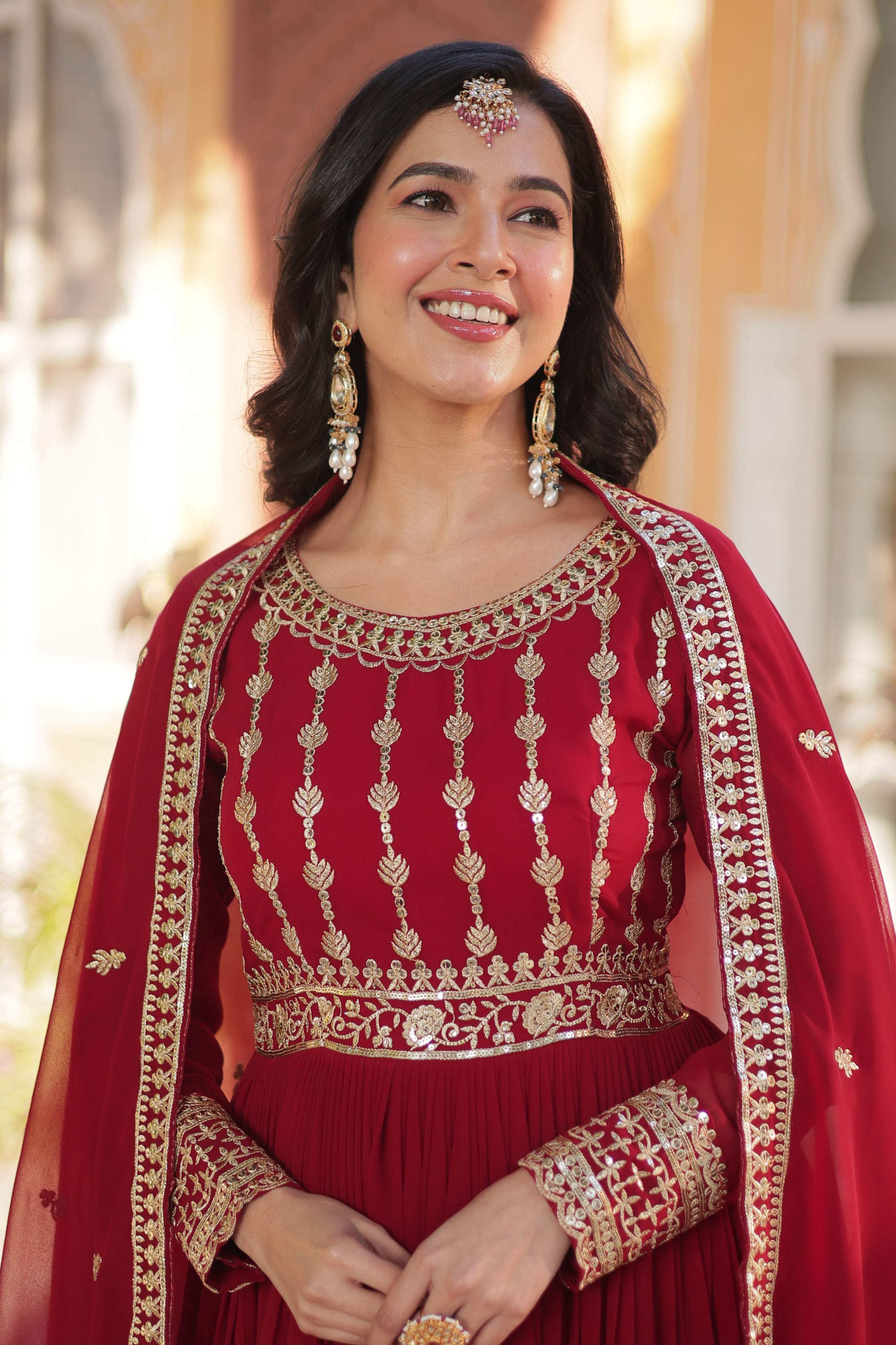 Jyoti Fashion Women's Maroon Faux Blooming Sequins Zari Embroidered Anarkali Set with Dupatta - Distacart