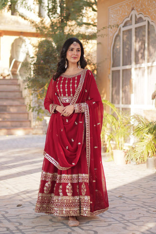Jyoti Fashion Women's Maroon Faux Blooming Sequins Zari Embroidered Anarkali Set with Dupatta - Distacart
