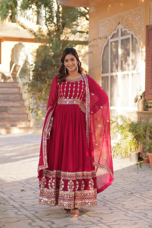 Jyoti Fashion Women's Pink Faux Blooming Sequins Zari Embroidered Anarkali Set with Dupatta - Distacart