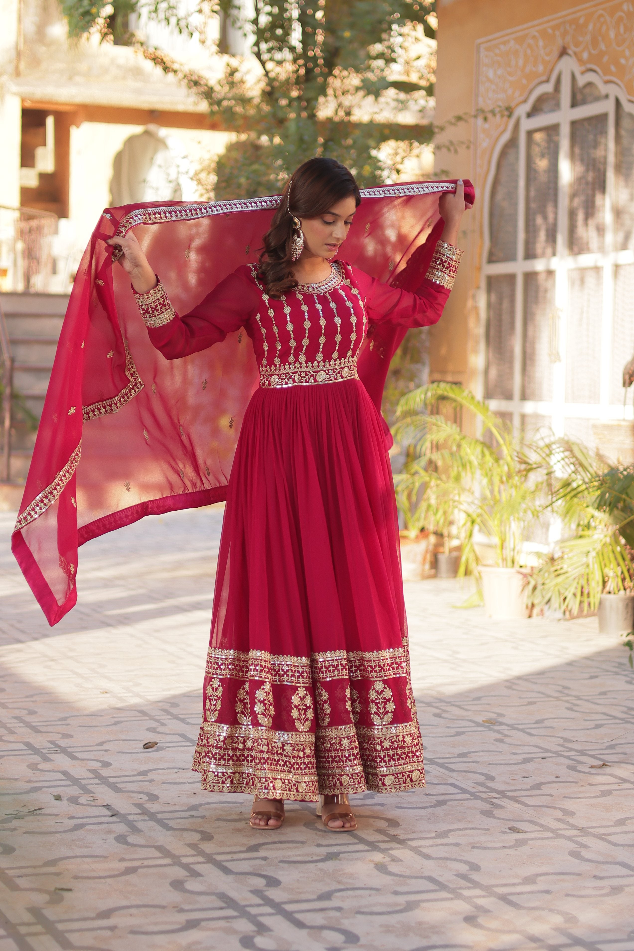 Jyoti Fashion Women's Pink Faux Blooming Sequins Zari Embroidered Anarkali Set with Dupatta - Distacart