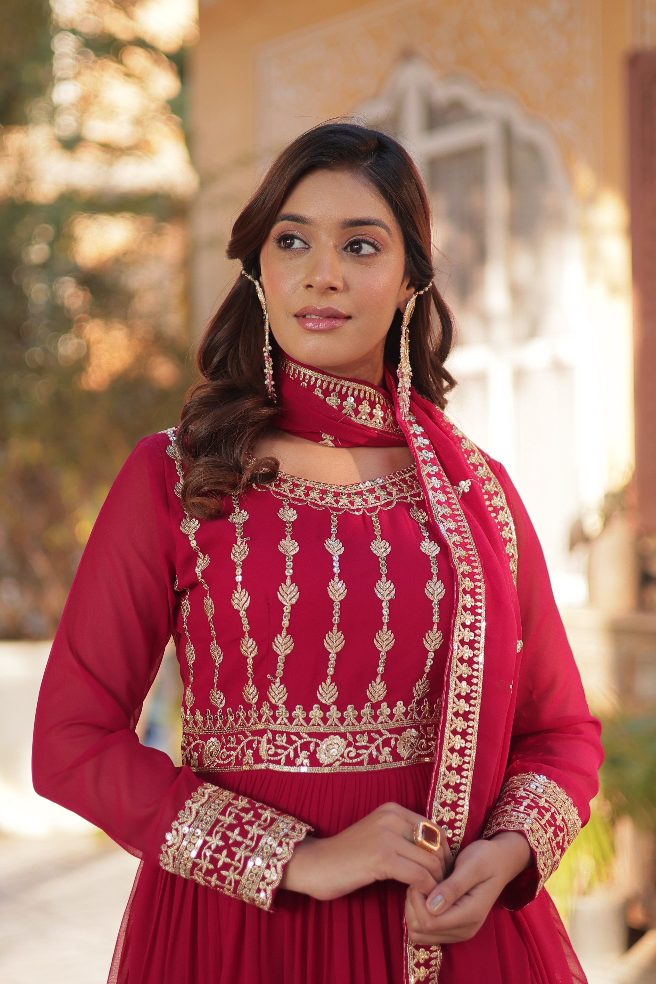 Jyoti Fashion Women's Pink Faux Blooming Sequins Zari Embroidered Anarkali Set with Dupatta - Distacart