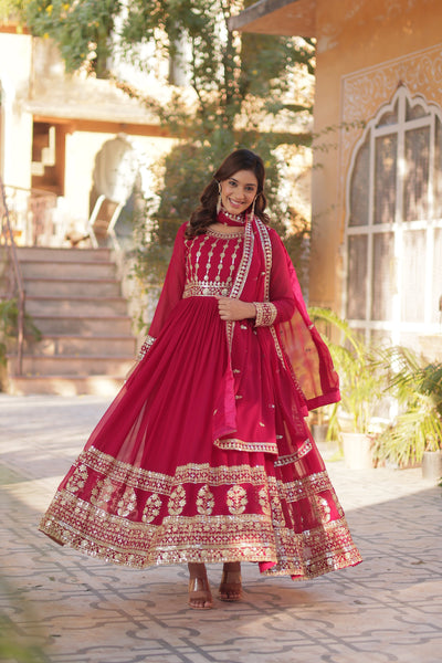 Jyoti Fashion Women's Pink Faux Blooming Sequins Zari Embroidered Anarkali Set with Dupatta - Distacart