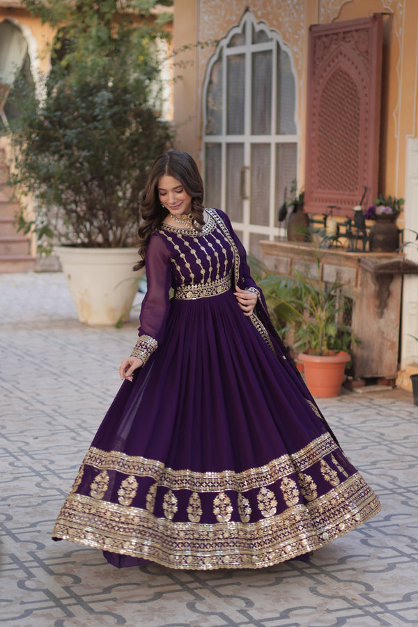 Jyoti Fashion Women's Purple Faux Blooming Sequins Zari Embroidered Anarkali Set with Dupatta - Distacart