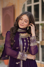 Thumbnail for Jyoti Fashion Women's Purple Faux Blooming Sequins Zari Embroidered Anarkali Set with Dupatta - Distacart
