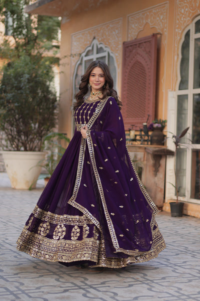Jyoti Fashion Women's Purple Faux Blooming Sequins Zari Embroidered Anarkali Set with Dupatta - Distacart
