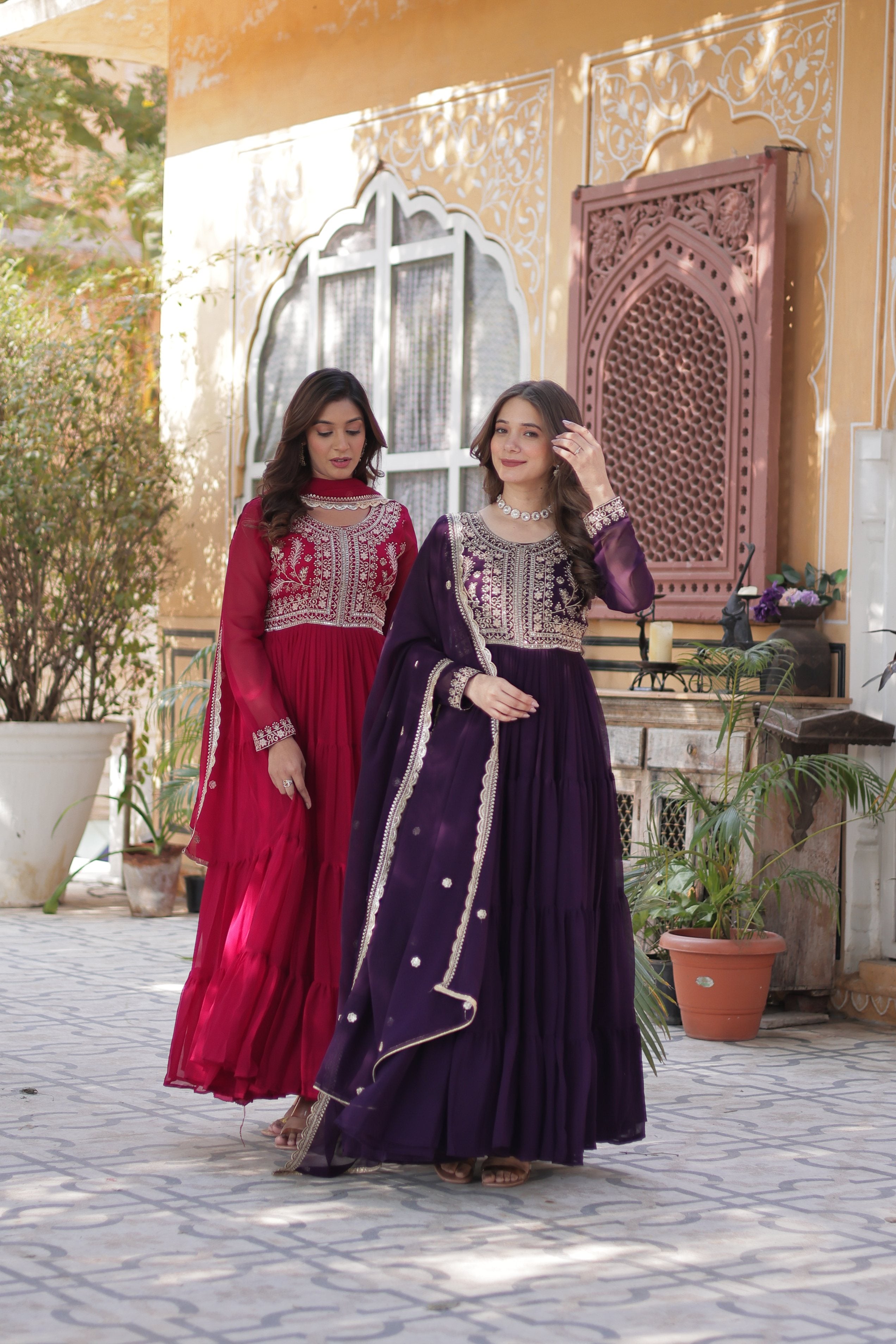Jyoti Fashion Women's Pink & Wine Faux Georgette Embroidered Pearl Work Combo Anarkali Set with Dupatta - Distacart