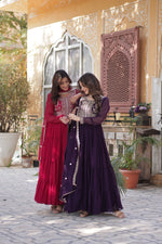 Thumbnail for Jyoti Fashion Women's Pink & Wine Faux Georgette Embroidered Pearl Work Combo Anarkali Set with Dupatta - Distacart