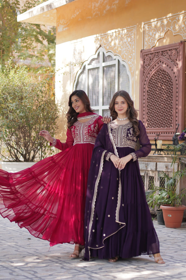 Jyoti Fashion Women's Pink & Wine Faux Georgette Embroidered Pearl Work Combo Anarkali Set with Dupatta - Distacart