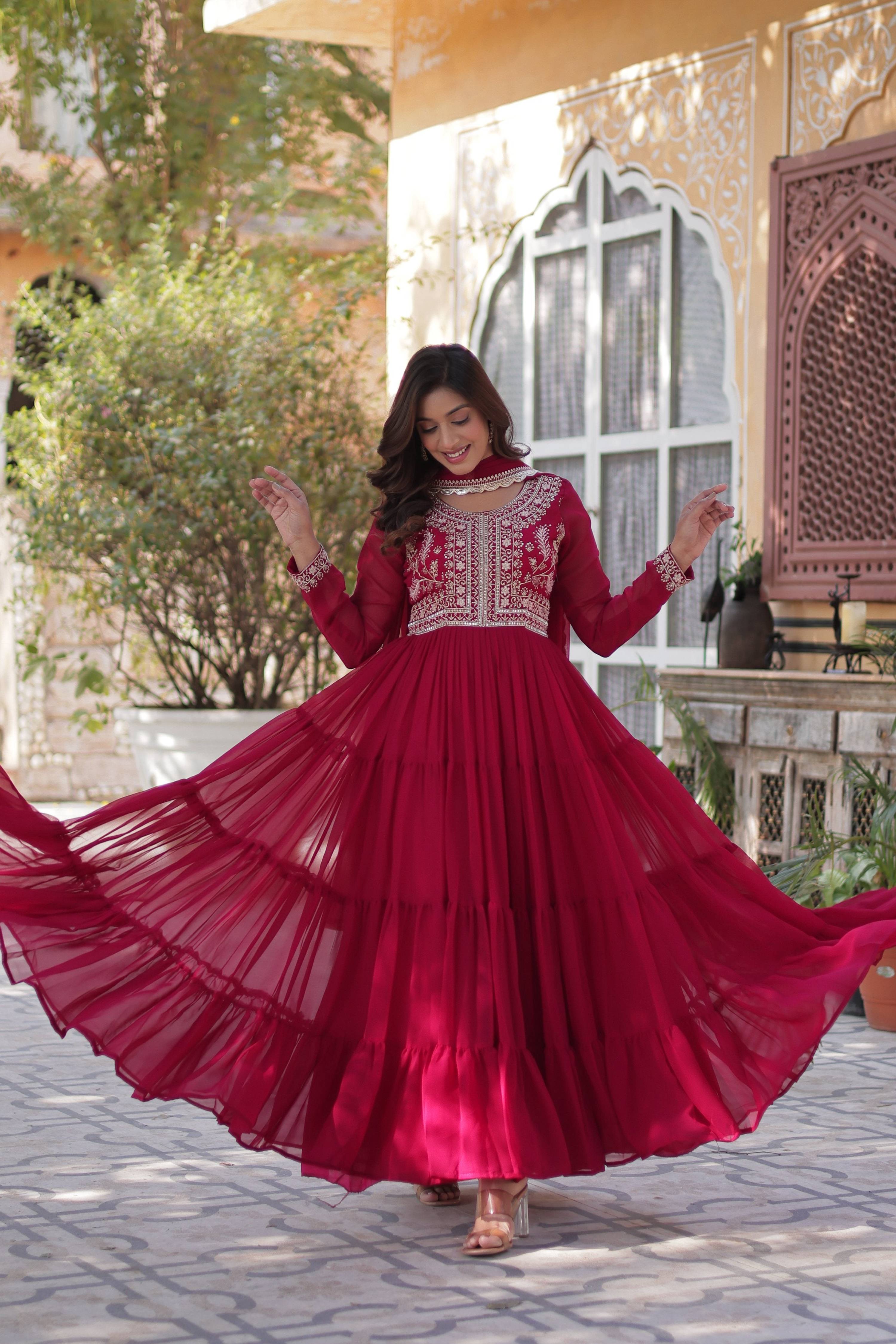 Jyoti Fashion Women's Pink Faux Georgette Embroidered Pearl Work Anarkali Set with Dupatta - Distacart