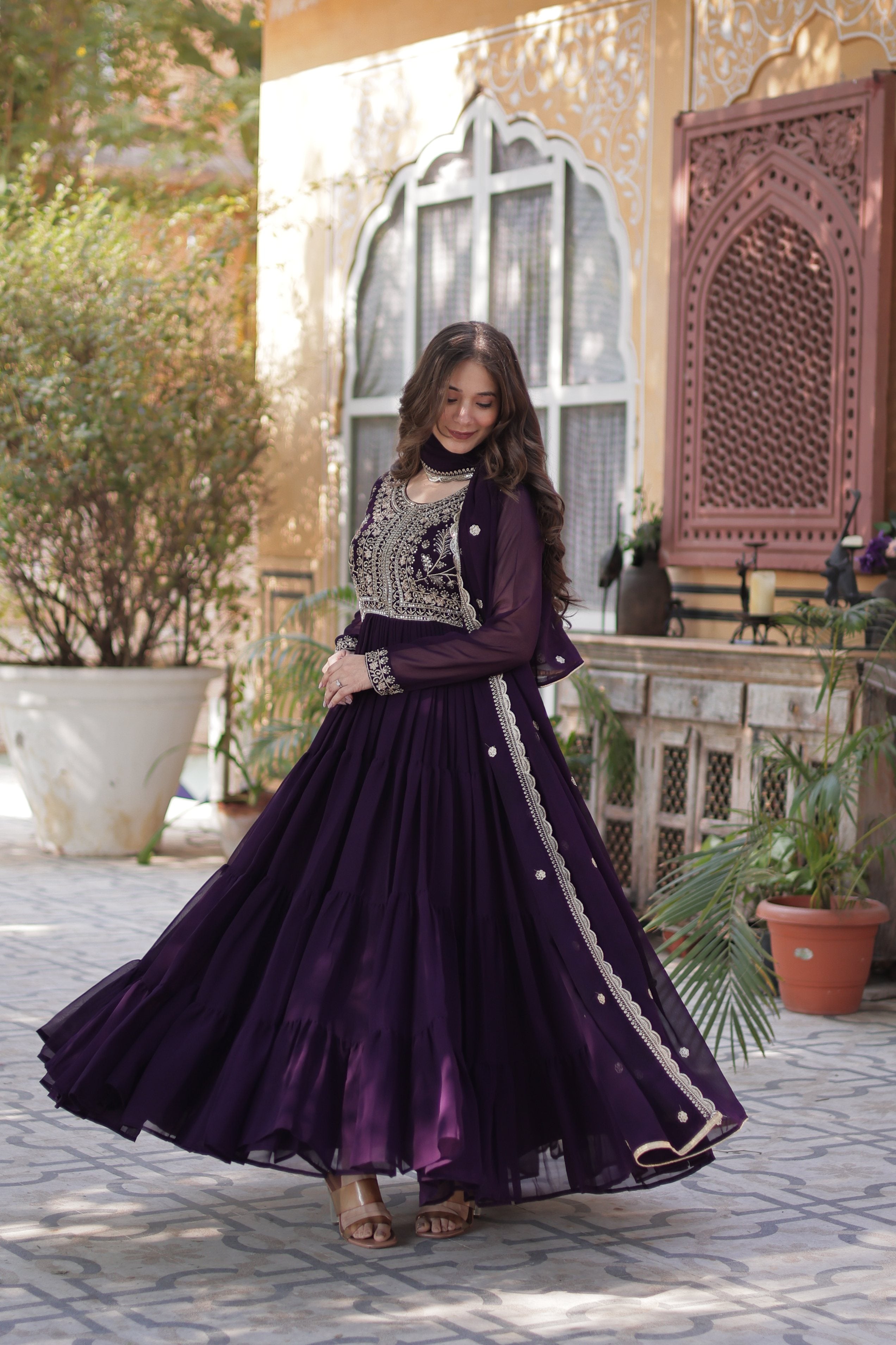 Jyoti Fashion Women's Wine Faux Georgette Embroidered Pearl Work Anarkali Set with Dupatta - Distacart