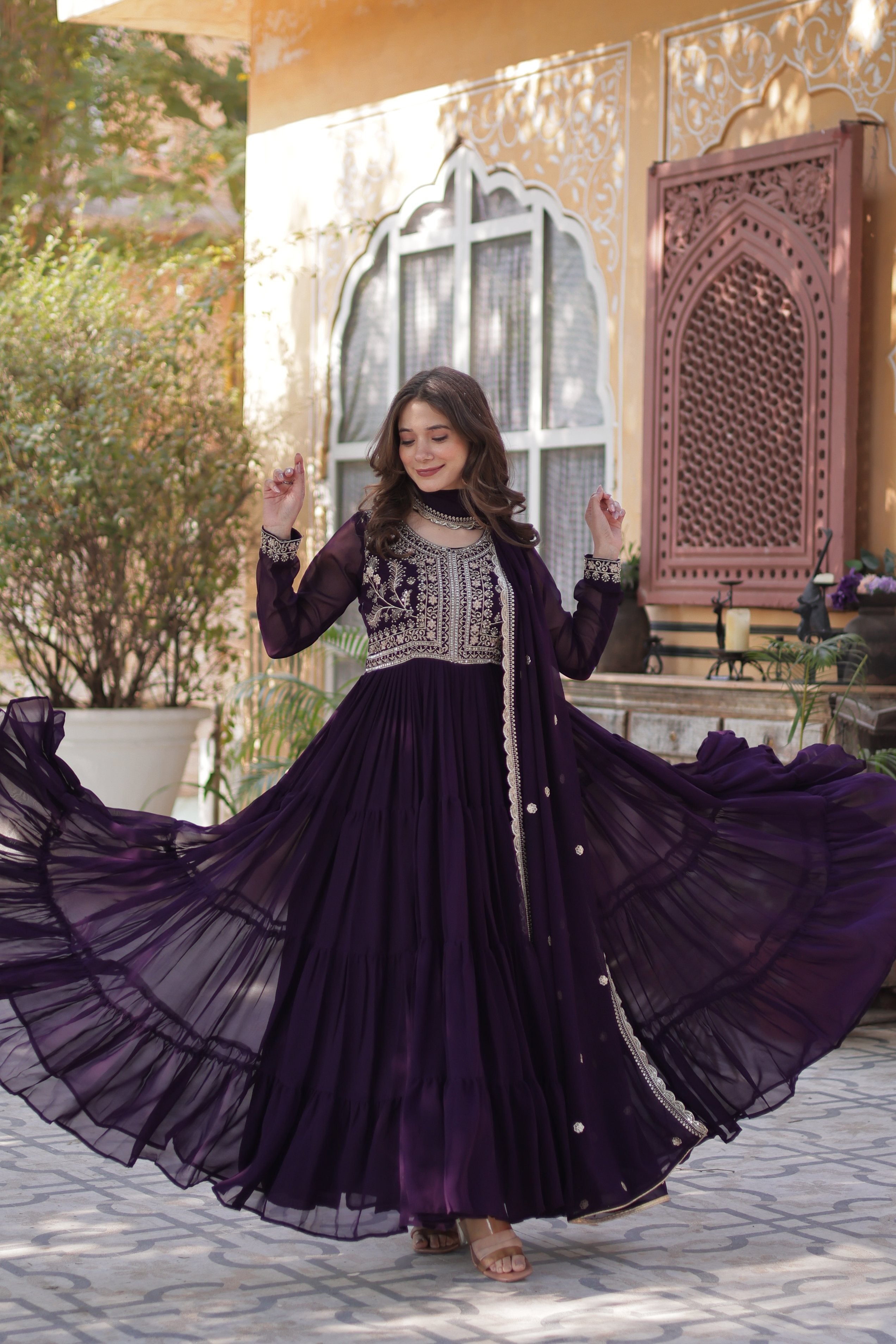 Jyoti Fashion Women's Wine Faux Georgette Embroidered Pearl Work Anarkali Set with Dupatta - Distacart