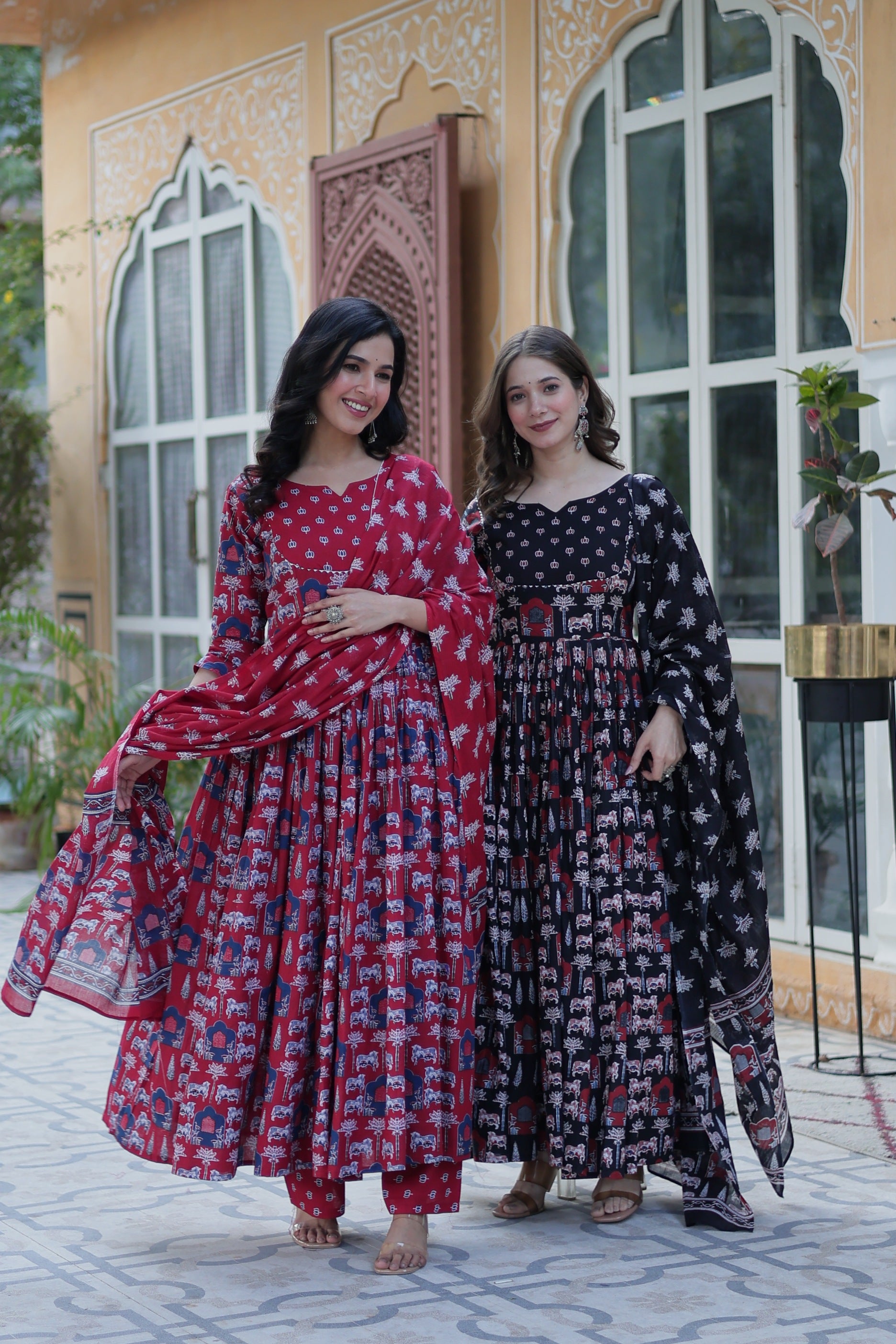 Jyoti Fashion Women's Maroon & Black Cotton Printed Designer Combo Anarkali Set with Dupatta - Distacart